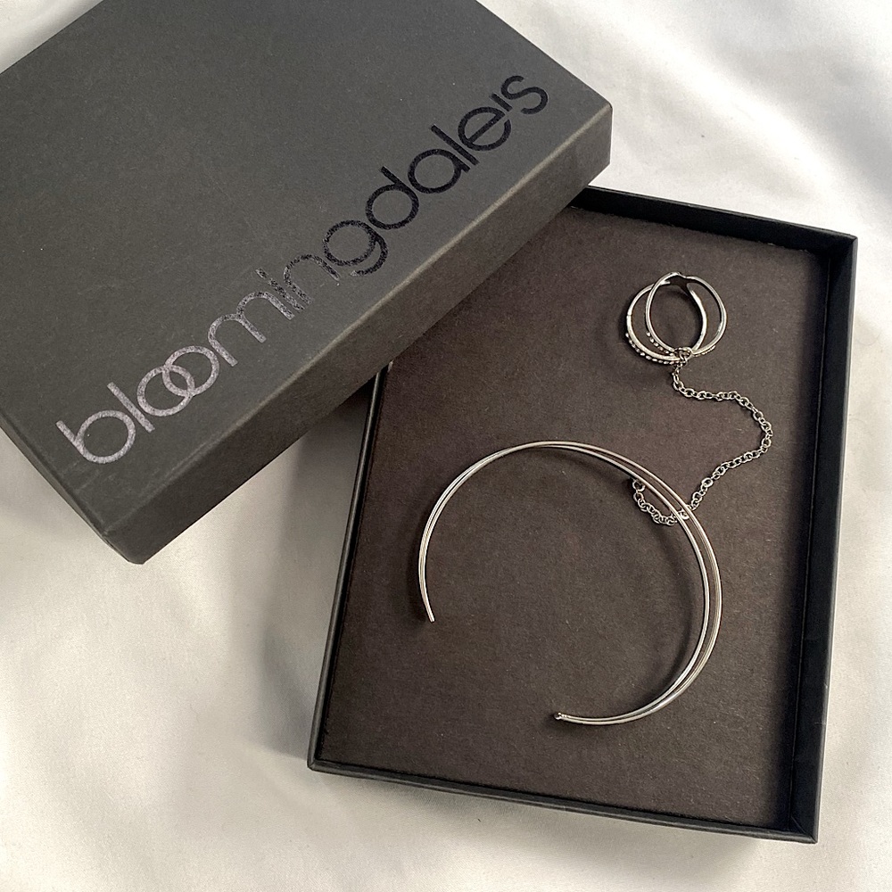 Silver Bracelet chained with silver diamond gemmed ring 💍